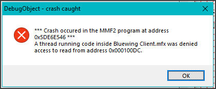 Crash occured in the Fusion program. A thread running code inside Bluewing Client.mfx was denied access to read from address 0x000100DC.