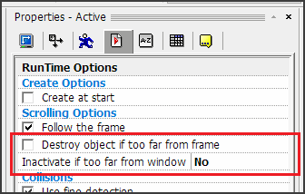 An Active object&apos;s Runtime properties, with Destroy object if too far from frame unchecked, and Inactivate if too far from window set to No.