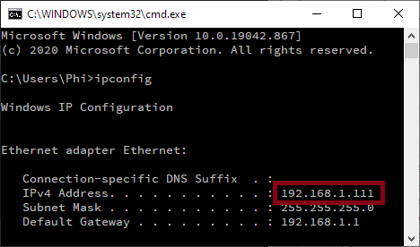 Command Prompt window, running ipconfig. Shows IPv4 address line, followed by a 192 address.
