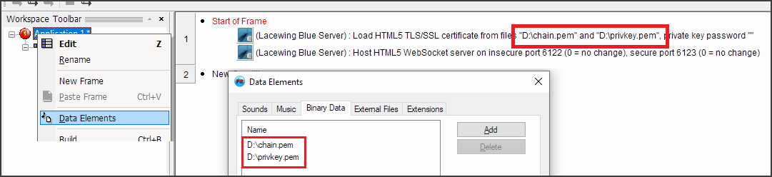 To add embedded file, right-click on application and select Data Elements. Switch to Binary Data tab. Press Add button. Once added, load certificate files with their original full file paths.