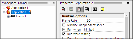 Showing Fusion app properties, Runtime tab, showing third and fourth options down, run while minimized and run while resizing, are enabled.