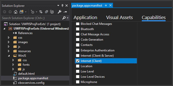 Visual Studio 2017, has UWP JavaScript project open, with file package dot app x manifest selected. The Capabilities tab is selected. Internet Client is checked.