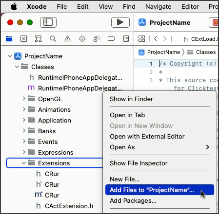 In Xcode workspace toolbar, right click Classes/Extensions folder and press Add Files to Project Name.