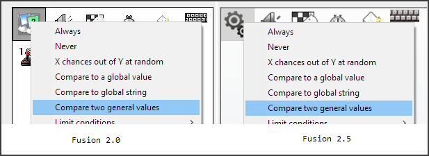 Fusion condition, showing compare two general values condition, under the first object in event editor.
