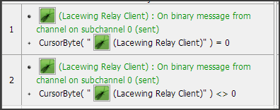 2 Fusion event, 2 conditions for both. Lacewing Client, on binary message received. First event checks Cursor Byte is 0, second event checks Cursor Byte is not 0.